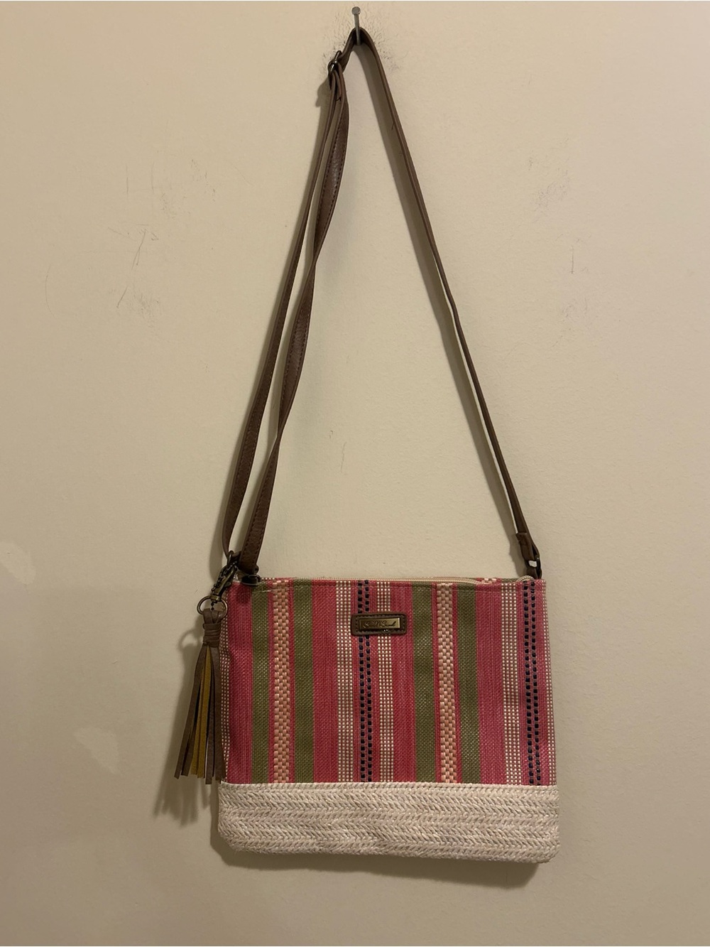Pink & Green Striped Crossbody Bag with Tassel Accent